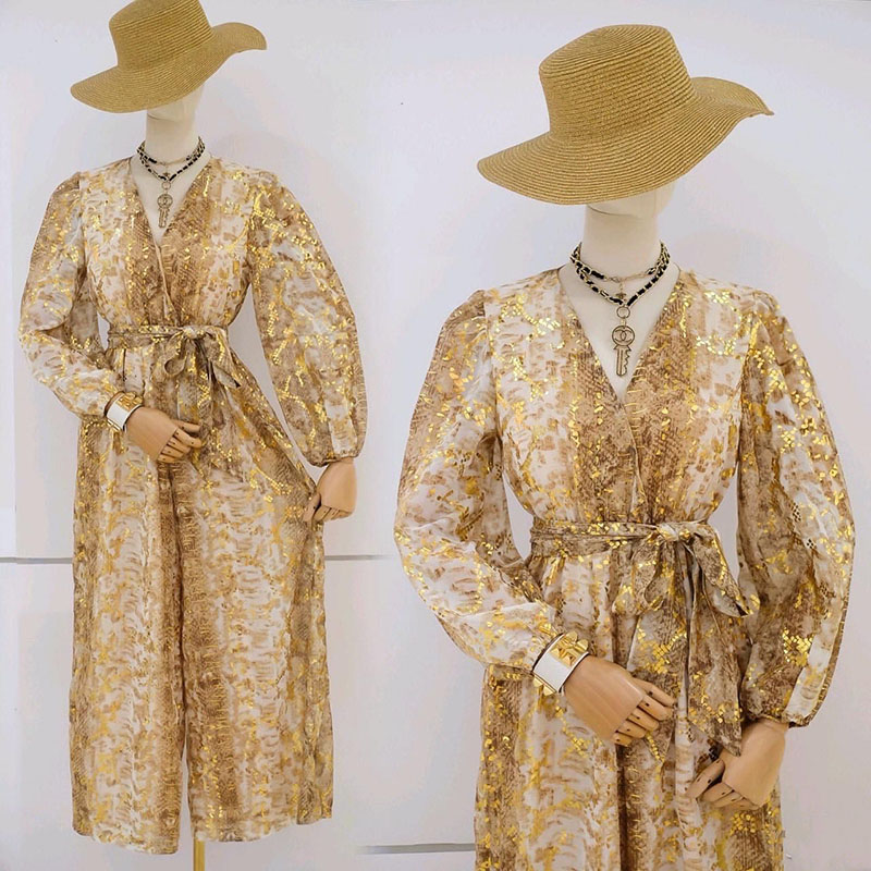 kudapy จั้มสูทขายาวสีทอง ลายงูแซ่บๆจ้า เอวยางยืดใส่ง่ายๆ งานดีซิบหลัง