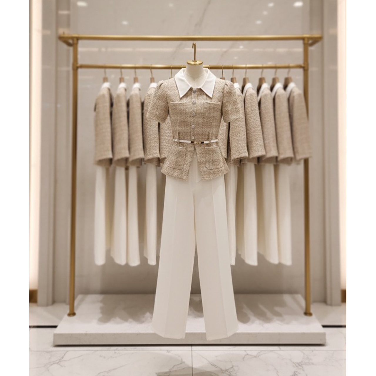 kudapy set 3 ชิ้น: เสื้อทวีต+กางเกง+เข็มขัด ชุดทวีตปกขาว ีเทลกระดุมคริสตัลคือความหรู เสื้อท็อปผ้าทวีต