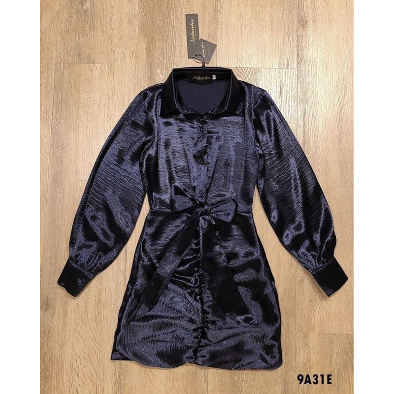 kudapy เดรสสั้นสีแดง/กรม ปกเชิ้ตคอวีแขนยาว เย็บจับทวิสตรงเอวใส่แล้วดูดีเซ็กซี่