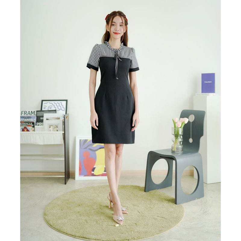 kudapy เดรสสั้นสีแดง/สีชมพู/สีดำ สก็อตผูกโบว์ สวยดูดีใส่สบาย