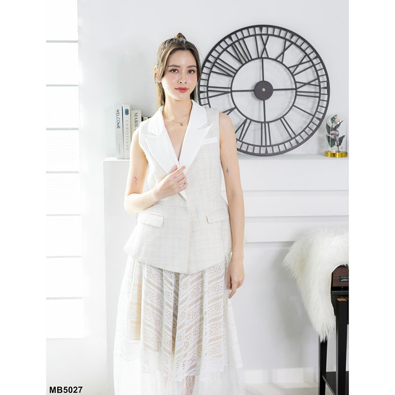 kudapy เซตเสื้อทรงสูทสีชมพู/สีขาว/สีดำ แขนกุด+กระโปรงยาวตาข่าย แต่งผ้าระบาย