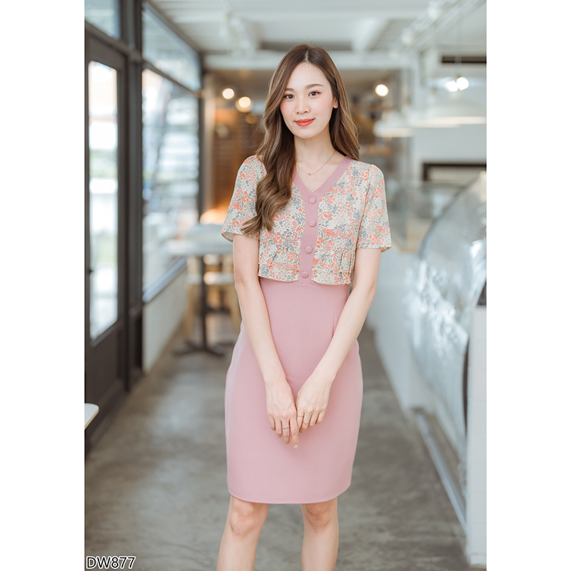 kudapy เดรสสั้นสีเขียว/สีชมพู/สีม่วง เดรสใส่ทำงานท่อนบนลายดอกมีกระดุมกลางอก