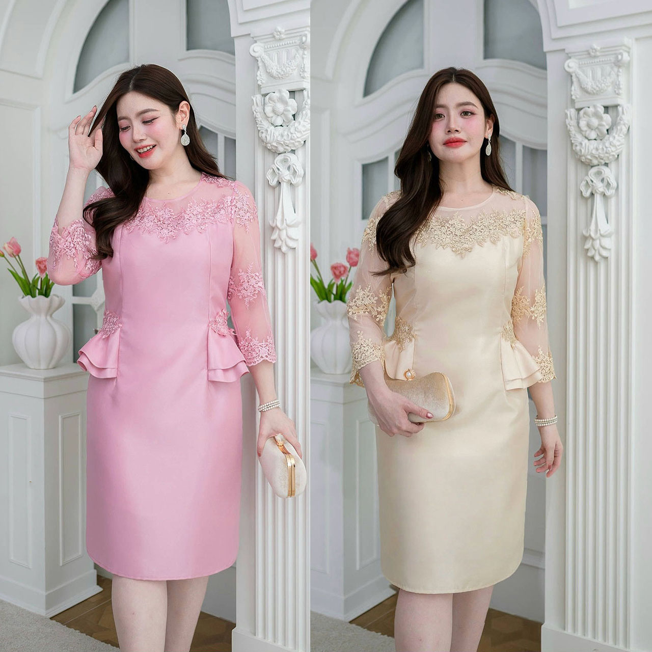 kudapy เดรสสั้นสีชมพู/สีครีม ผ้าไหมเนื้อเบา แต่งลูกไม้ปักลายช่วงอก แขนยาวห้าส่วน ทรงสวยดูหรูหรา ช่วงเอวแต่งระบายเป็นดีไซน์เอวดีดสองชั้น