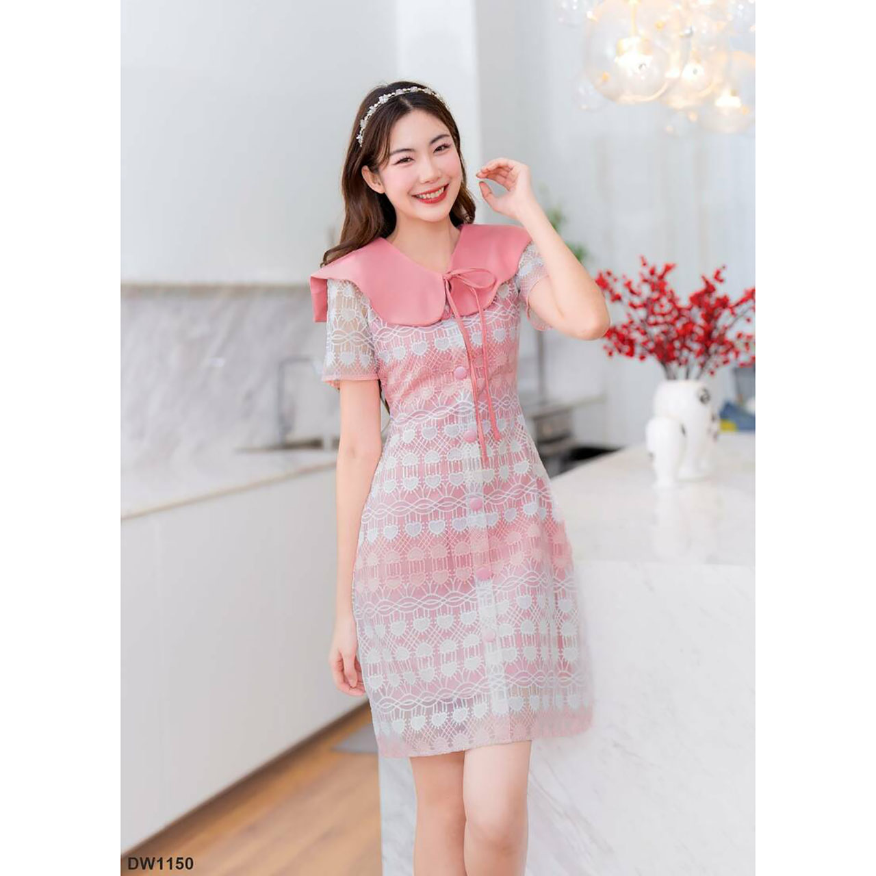 kudapy เดรสสั้น ลูกไม้ชั้นหัวใจคอปก ผ้าเบาใส่สบายตัว