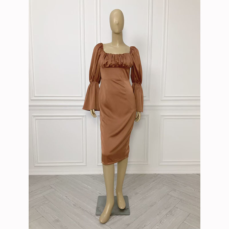 kudapy เดรสสั้นสีชมพู,กรม,น้ำตาลอิฐ สวยจับจีบแขนระบาย ผ้าเครปซาตินเนื้อดีมีซับใน ใส่ออกงาน ใส่ทำงาน