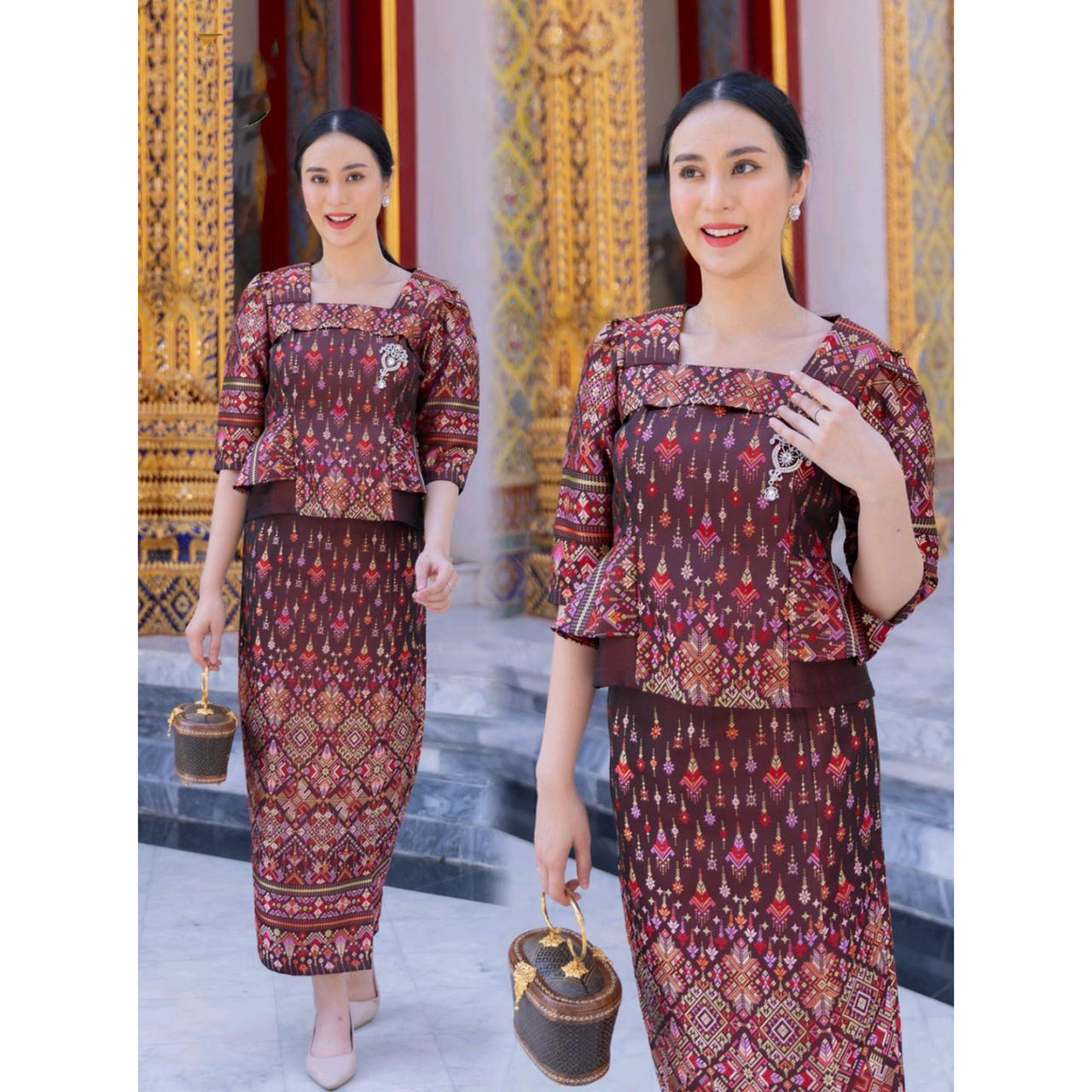 kudapy ชุดเซ็ทเสื้อผ้าไหม ผ้าถุง ชุดออกงาน ชุดไปวัด ชุดทำบุญ - ผ้าไหมทอ ลายแพรวากาฬสินธุ์ เซทแม่ดอกบัวบาน