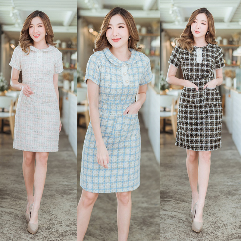 kudapy เดรสสั้นสีฟ้า/สีดำ/สีชมพู ไหมพรมลายตารางสวยดูดีน่ารัก