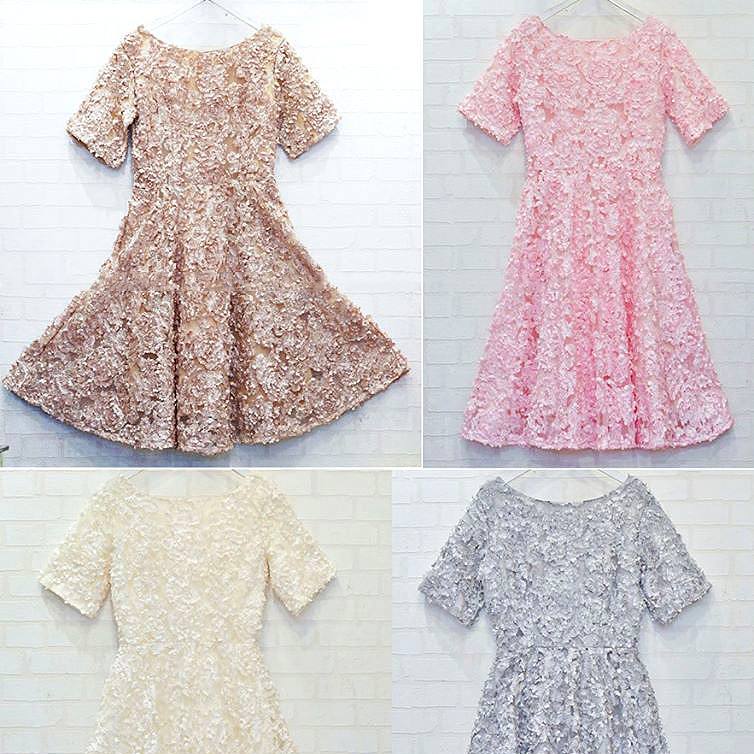 kudapy เดรสสั้นออกงานสีน้ำตาลทอง/สีเทา/สีครีม/สีชมพู ดีเทลปักลายสามมิติและแต่งเลื่อมทั้งชุด