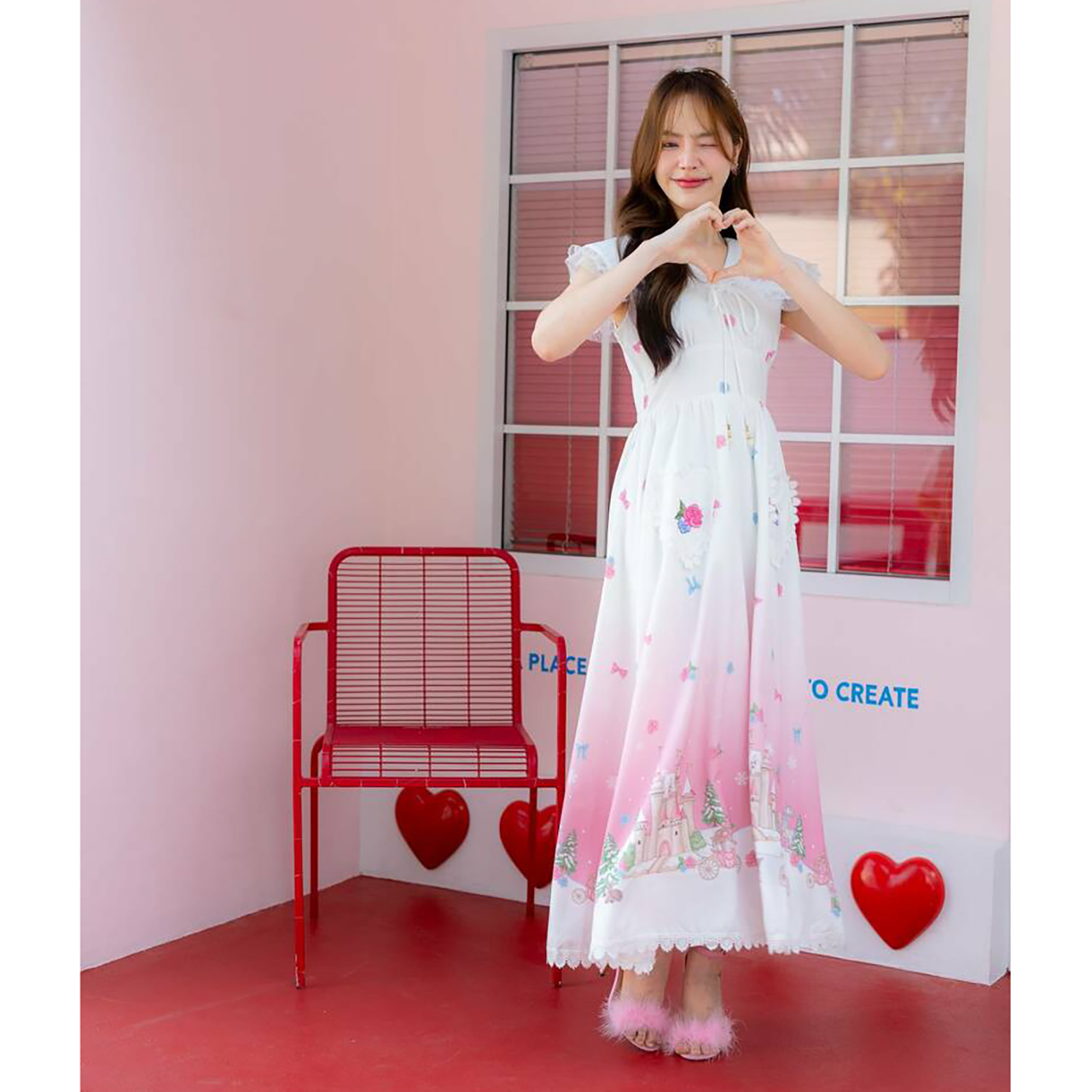 kudapy เดรสยาวสีขาวชมพู ปกกะลาสี แขนกุด ใส่ออกงานสวย