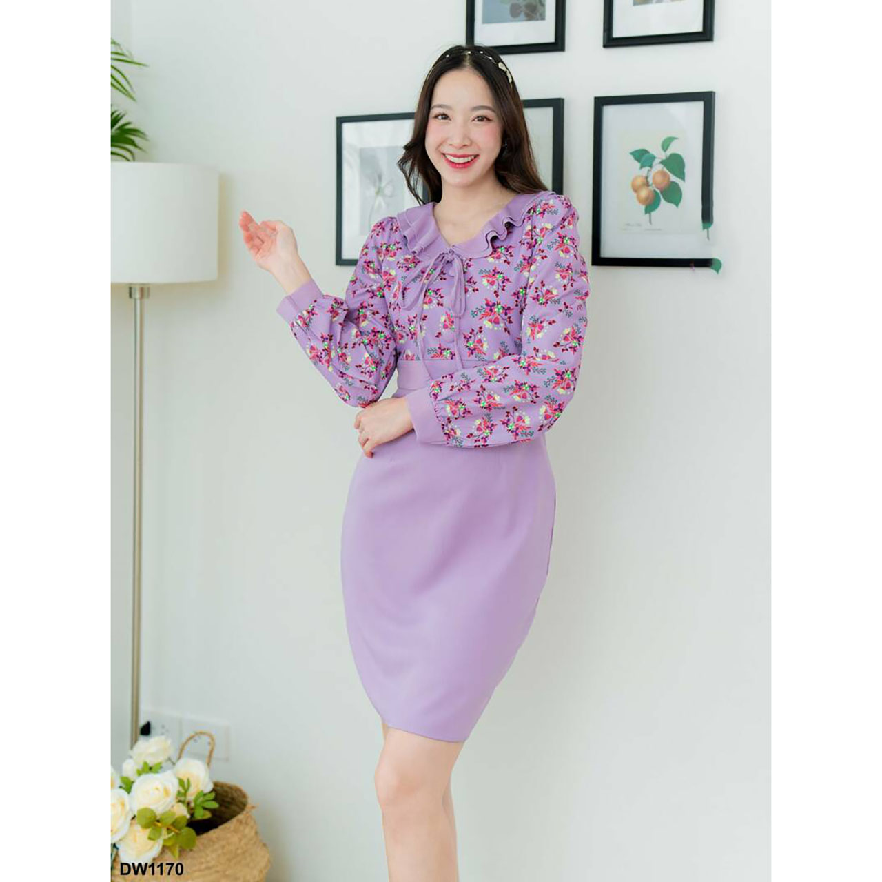 kudapy เดรสสั้นสีชมพู/สีกรม/สีม่วง แขนยาวลายดอก