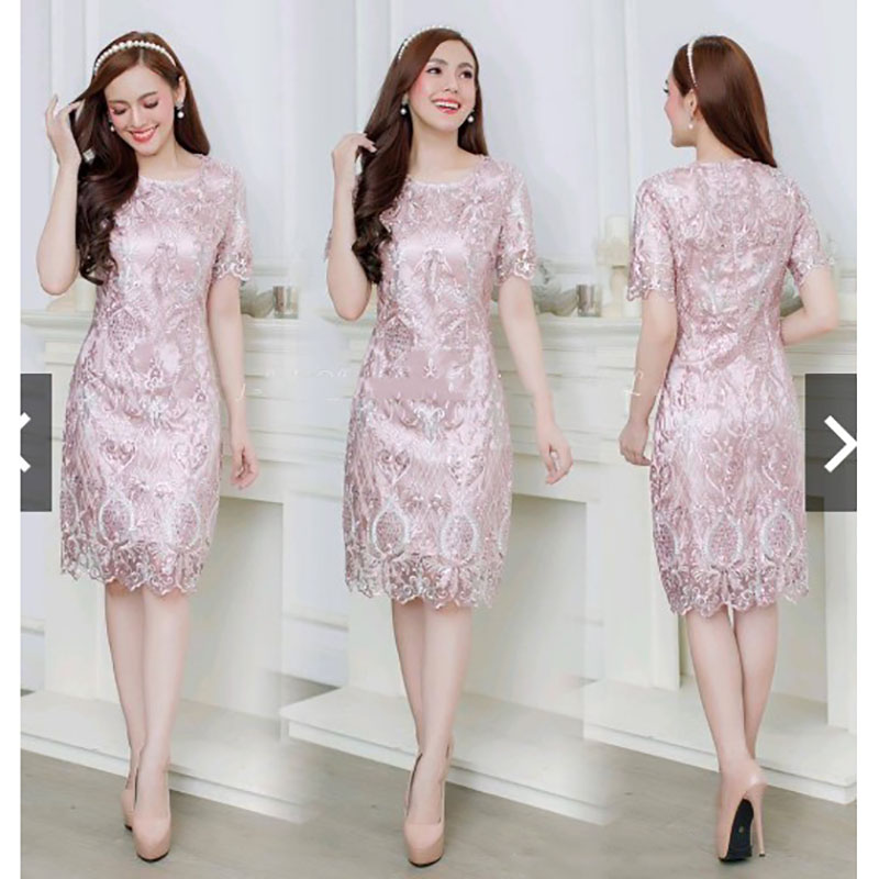 kudapy เดรสสั้นสีชมพู/สีเทาเงิน เนื้อผ้าปัก+Glitter เกรด "Premium Quality" ลายใหม่ล่าสุด หรูหราปักเลื่อมมาลงตัว ช่วงแขนมีซับในซาตินเนื้อคุณภาพ