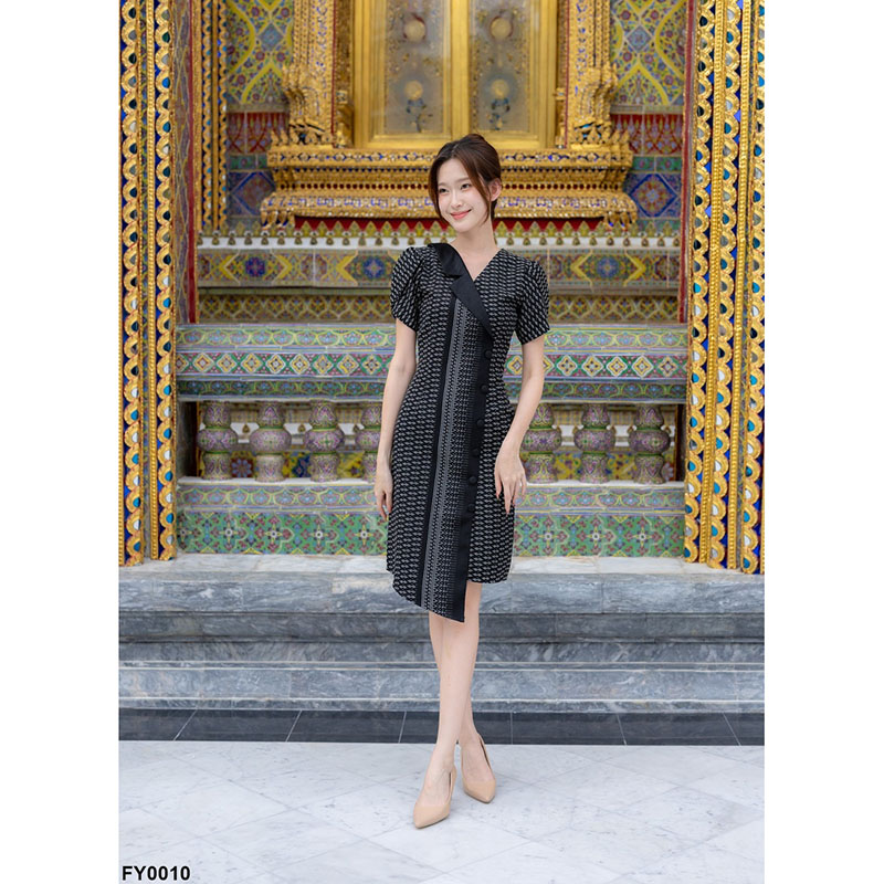 kudapy เดรสสั้นสีดำ/สีม่วง/สีชมพู ผ้าทอแต่งปกเทเลอร์แขนกลีบบัว