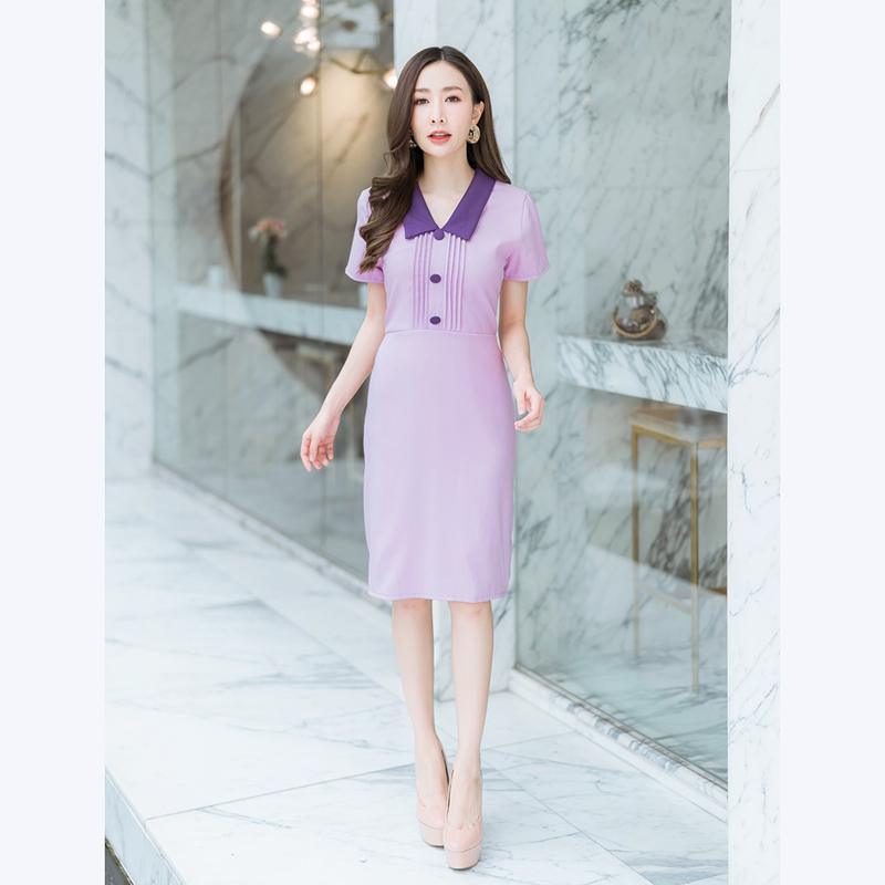 kudapy เดรสสั้นสีชมพู,ม่วง,สีเขียว คอปกจีบอกเนื้อผ้าดีใส่สบาย