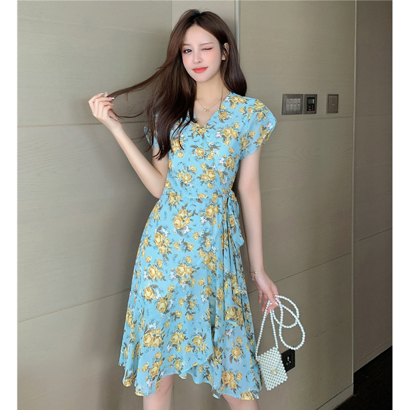 kudapy ชุดเดรสสีฟ้าอมเขียว,สีชมพู ใส่ทำงาน ผ้าชีฟองพื้น พิมพ์ลายดอกกุหลาบ