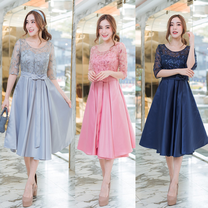kudapy เดรสสั้นสีชมพู/สีกรม/สีเทา ท่อนบนลูกไม้กระโปรงผ้าเงา