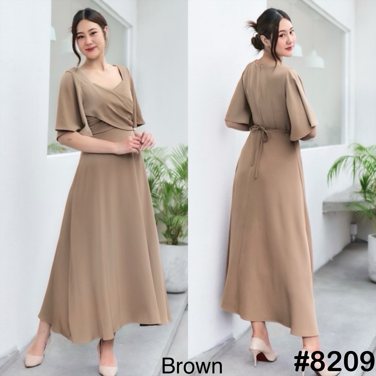 kudapy เดรสคอเหลี่ยม แขนกระดิ่ง ดีเทลป้ายอก เชือกผูกเก็บช่วงเอว กระโปรงฟรีสะโพก ลุคนั่งสะดวก