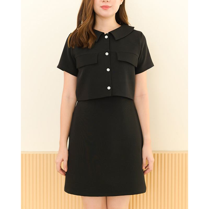 kudapy kudapy เดรสสั้นสีมัทฉะ/สีดำ/สีโอรส คอปก กระดุมอกแกะได้จริง สวยปัง