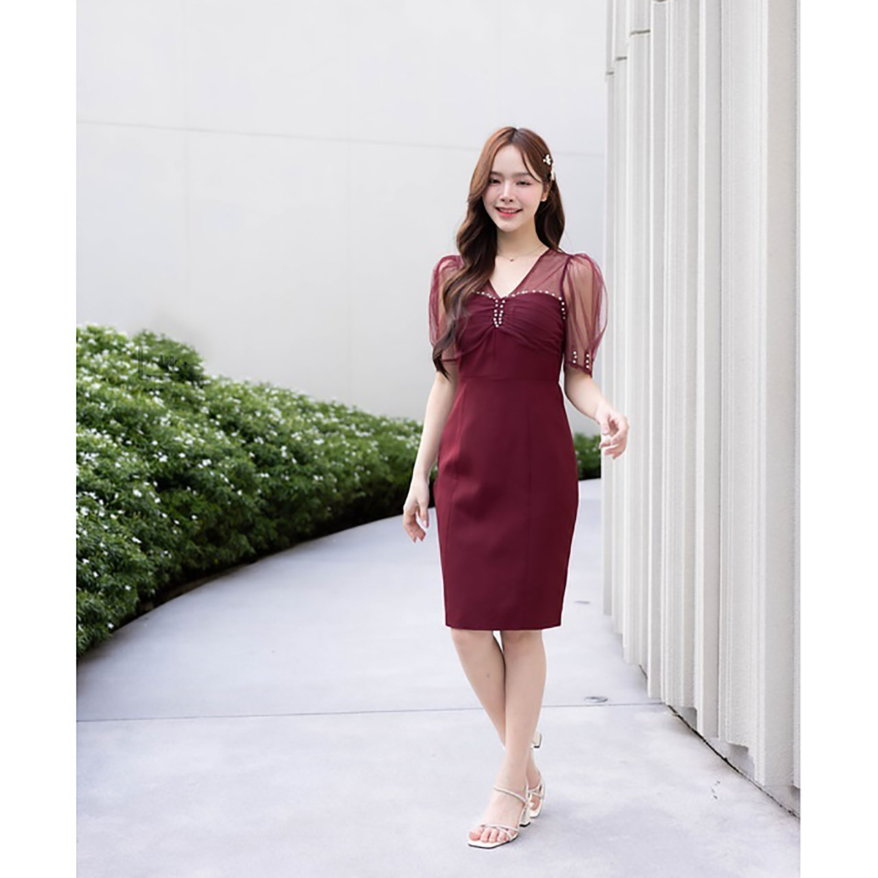 kudapy เดรสสั้นสีแดง/สีชมพู แขนตุ๊กตาขอบเพชร