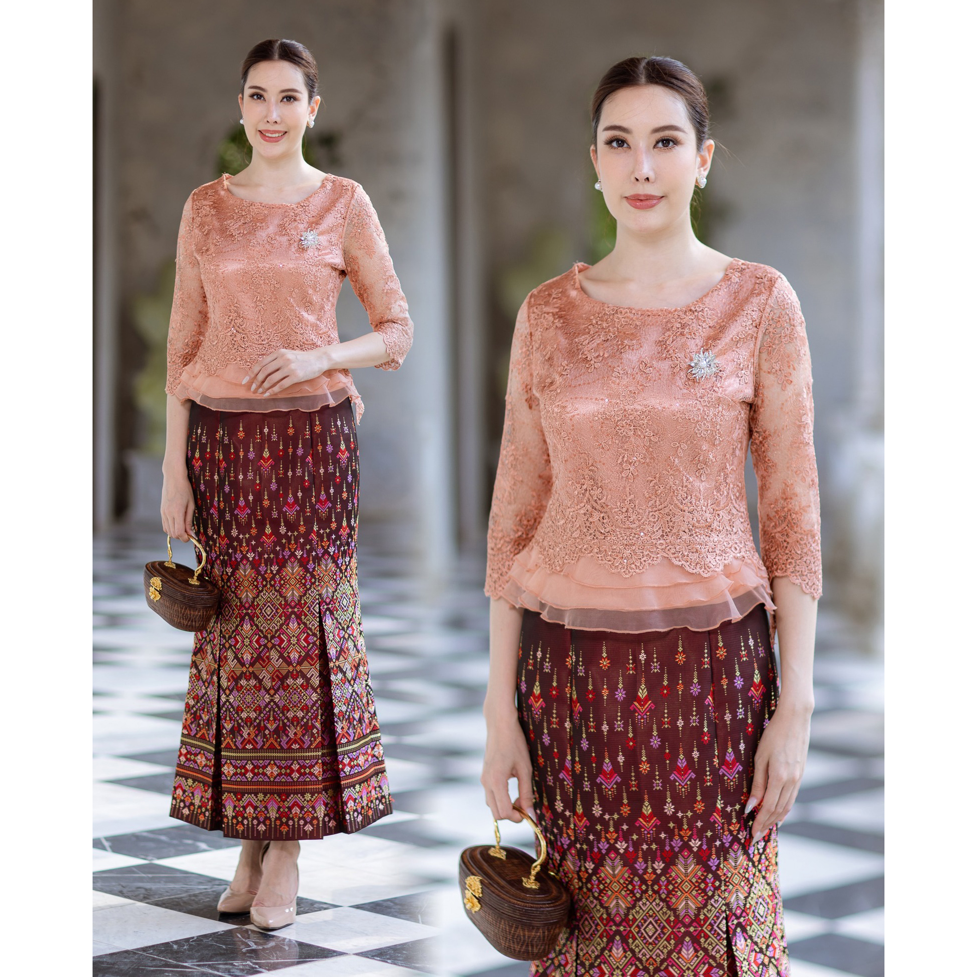kudapy เซต2 ชิ้น เสื้อลูกไม้สีโอรสกะปิ+กระโปรงผ้าไหมแพรวากาฬสินสีแดงเข้มทรงหางปลา คอกลม แขนสามส่วน ทรงสวย งานมีซับใน ซิบหลัง