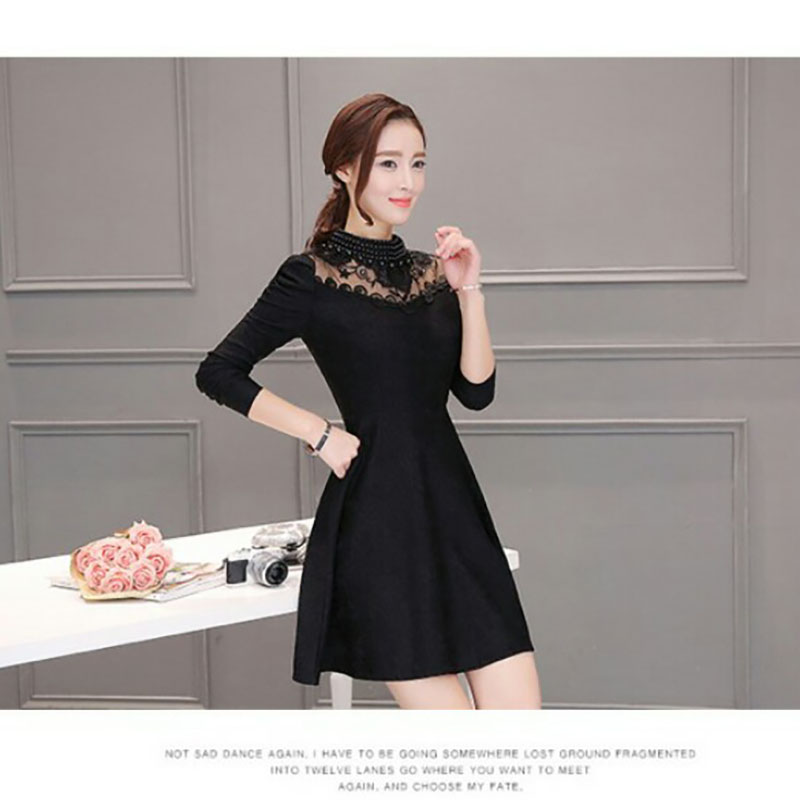 kudapy เดรสสั้นสสีดำ ลูกไม้เนื้อหนา แขนยาว เนื้อผ้าลูกไม้ทอลายดอกไม้สวยงานปักหรูหรา