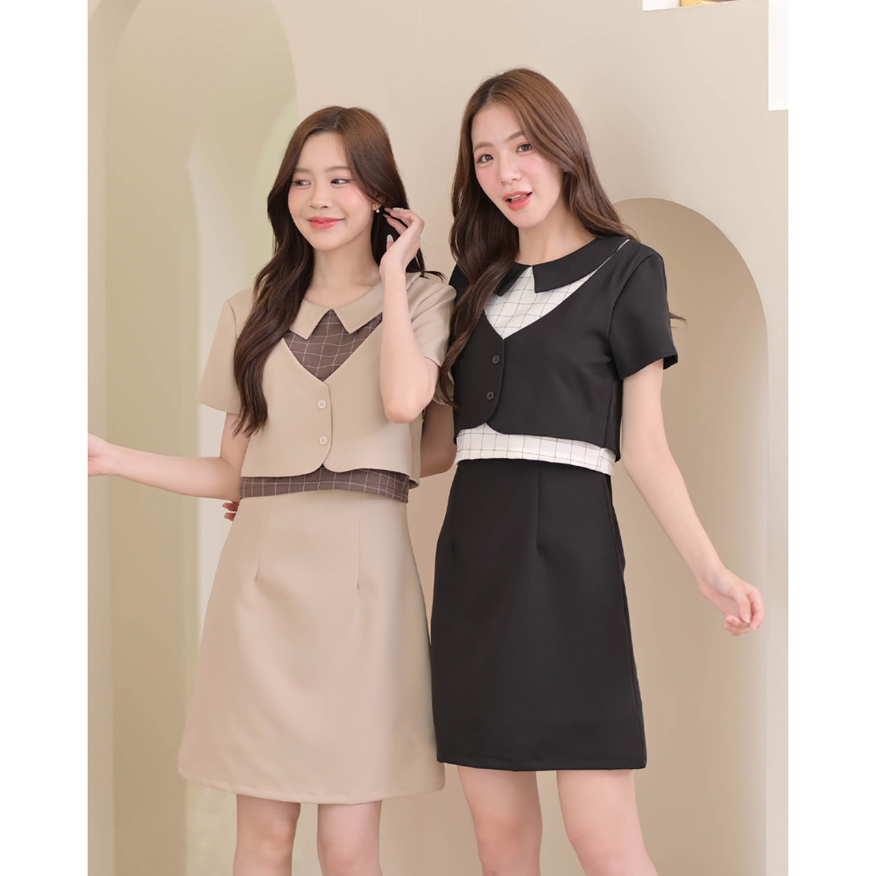 kudapy เดรสคอปกแขนสั้น ตัดต่อแต่งกั๊ก เสื้อเล่นสีสลับผ้าลายตาราง ให้ลุคดูมีเลเยอร์ เนื้อผ้านิ่มและมีน้ำหนักทิ้งตัว