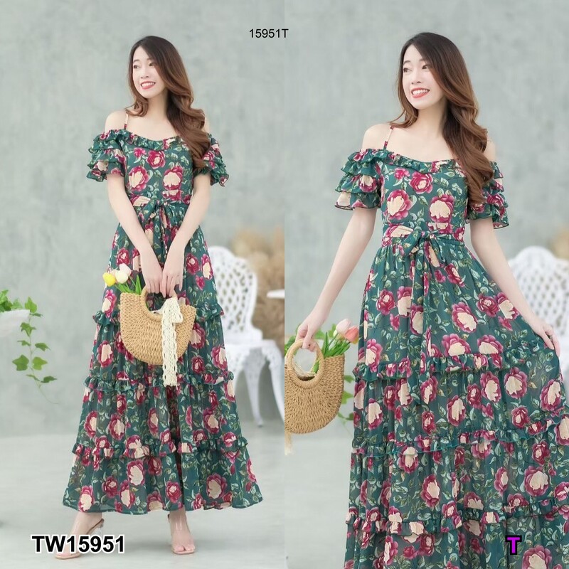 kudapy แม็กซี่เดรสสีขาว ดำ เขียว เทา สายเดี่ยวเว้าไหล่ แขนระบายชั้น ผ้าชีฟองลายดอกไม้ มีซับใน เนื้อผ้าทิ้งตัวสวย