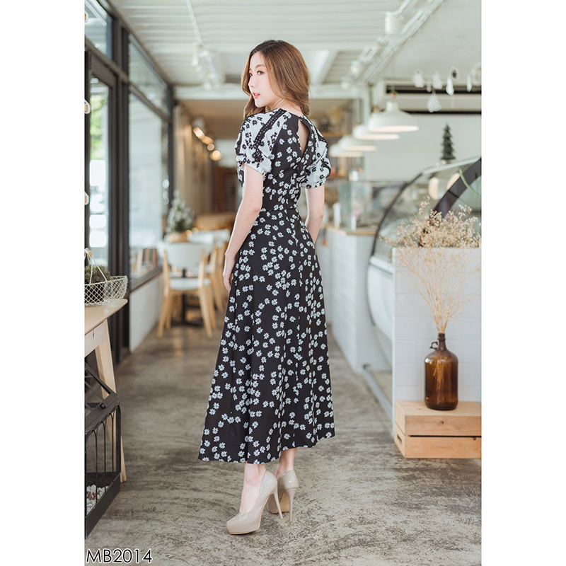 kudapy เดรสยาวสีชมพู/สีดำ ลายจุดแขนบาร์บี้คอเหลี่ยมใส่สบายสวยดูดี