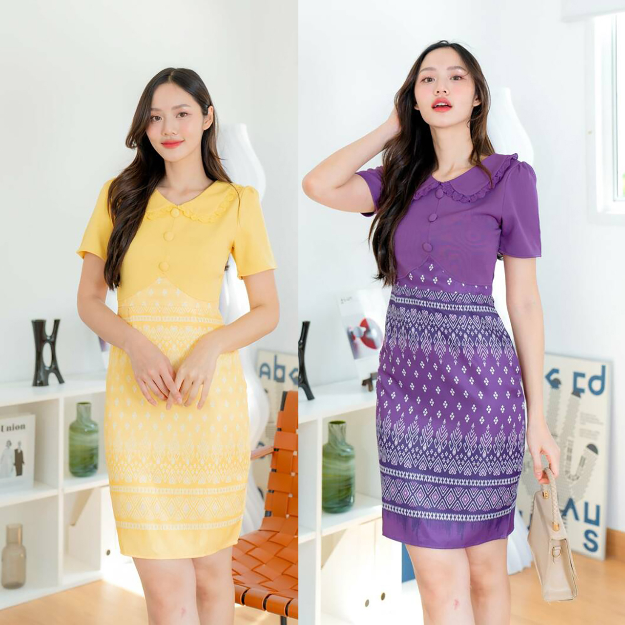 kudapy เดรสสั้นสีม่วง/สีเหลือง ลายไทยคอบัวกั๊กพื้น
