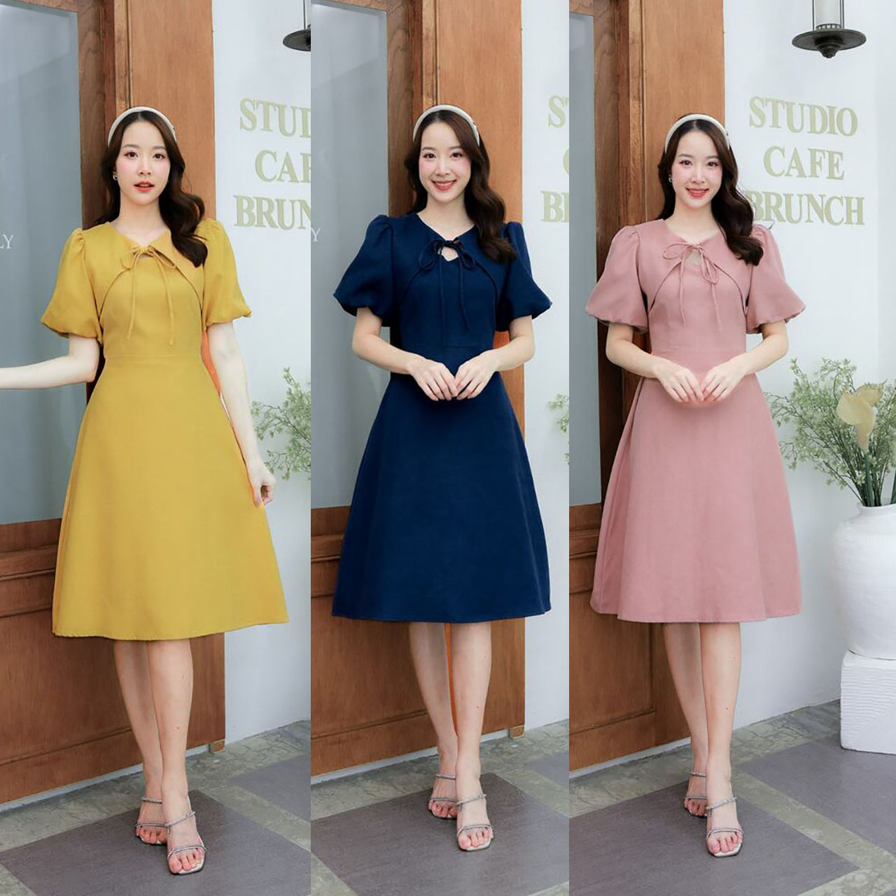 kudapy เดรสสั้นสีเหลือง/สีชมพู/สีกรม แขนตุ๊กตาผูกโบว์กระโปรงบาน ใส่สบายสวยดูดี