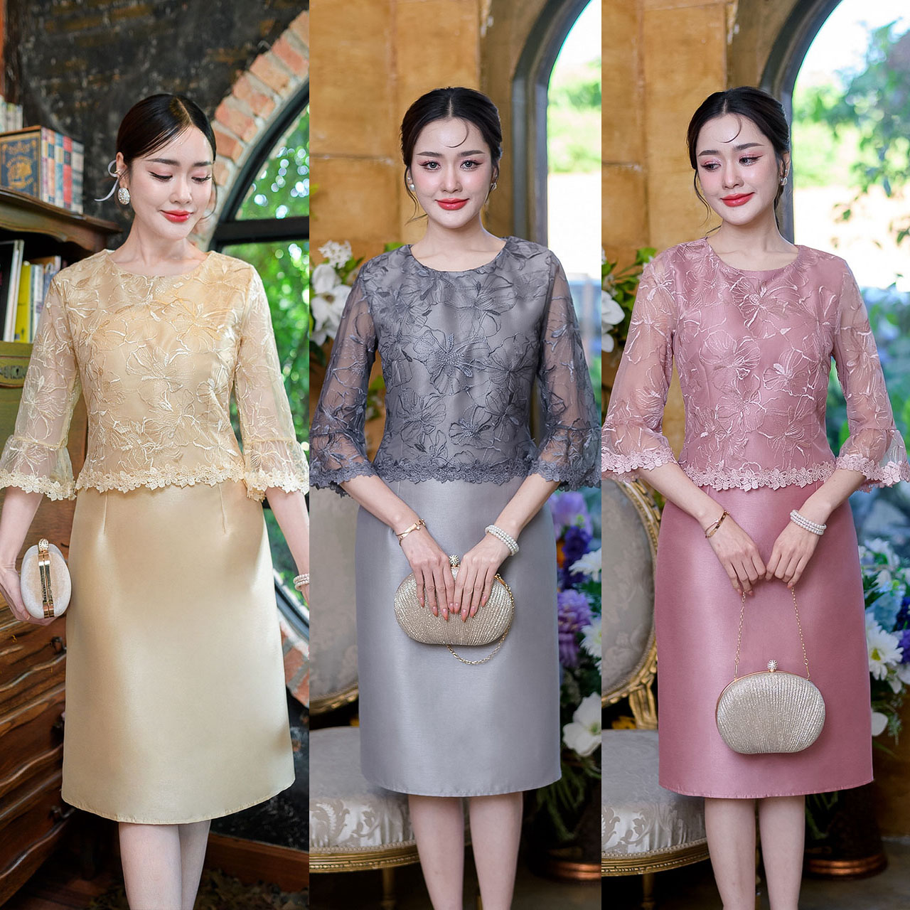 kudapy เดรสสั้นสีชมพู/สีเทา/สีเหลืองอ่อน ผ้าไหมญี่ปุ่น ดีไซน์ด้านบนเย็บคลุมด้วยลูกไม้ช่วงแขน ระบายที่ปลายแขน