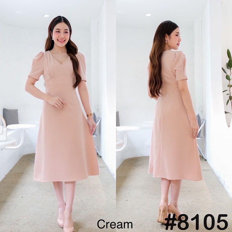 kudapy เดรสสั้นสีมชพู/สีครีมนู้ด/สีเขียวพิตาชิโอ้/สีส้มโอรส/สีขาว มินิมอลทรงสุภาพคอวี ผ้าชิ้นเดียวไม่ผ่ากลางอก กระโปรงคลุมเข่า ดีเทลแต่งจีบใต้อก