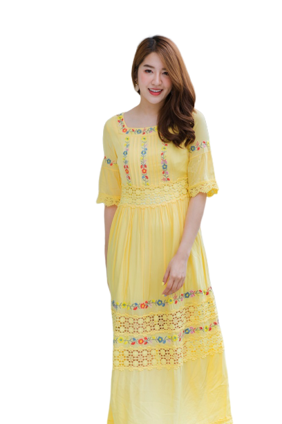 เดรวยาวคอเหลี่ยมสีเหลือง สไตล์โบว์ฮีเมี่ยน ผ้าเรย่อนเบาๆ S/XL