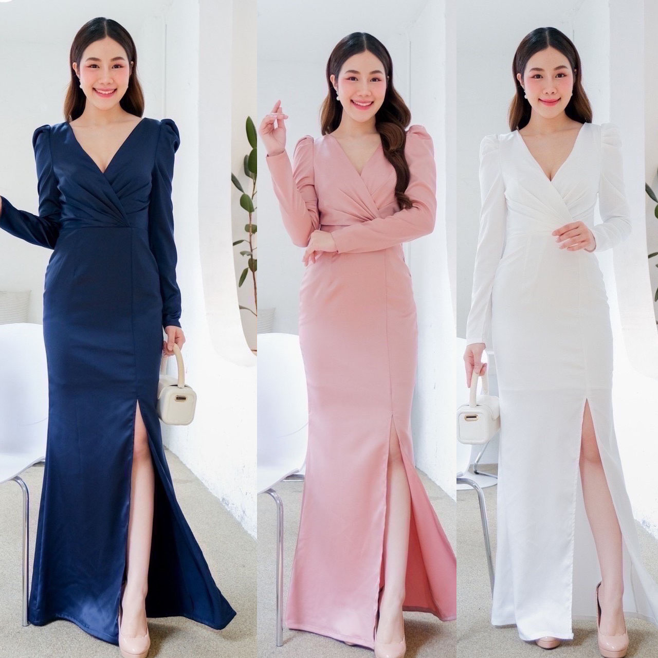 kudapy เดรสยาวสีกรม/สีเขียว/สีแดง อกไขว้วี แขนตุ๊กตายาว จับจีบเอว กระโปรงทรงสอบ ผ่าหน้าเดินสะดวก เนื้อผ้าโพลีผสม spendex