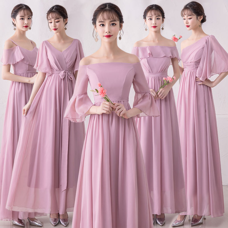 ชุดเดรสยาวออกงาน ผ้าชีฟองเนื้อดีสีชมพูกะปิ