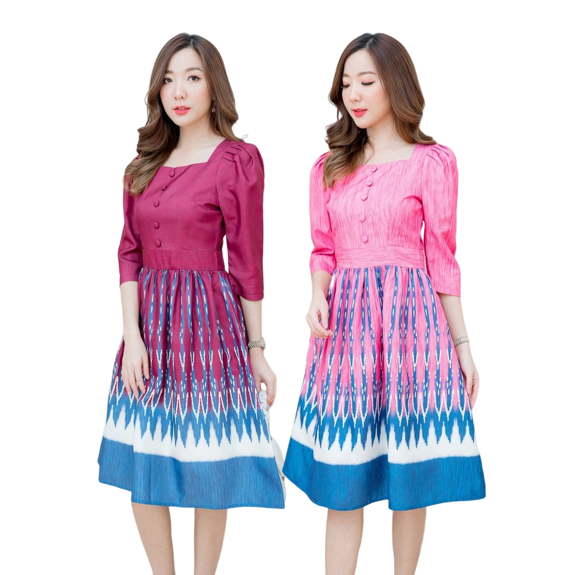 kudapy เดรสสั้นผ้าไทยแขนสามส่วนสีชมพู/สีแดง เดรสคอเหลี่ยมกระดุมหน้าไหล่ยกแขนตุ้กตา ซิบหลัง