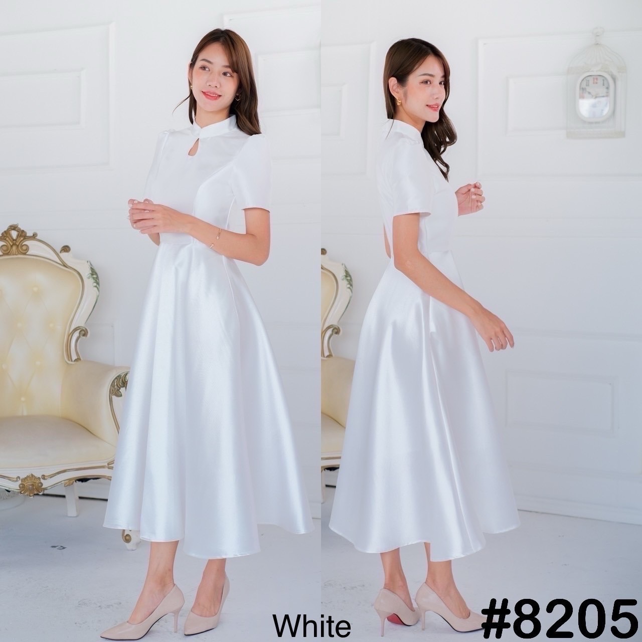 kudapy เดรสสั้นสีแดง/สีชมพู/สีทอง/สีขาว คอจีน รงแขนสั้นบ่าจีบ กระโปรงฟรีสะโพกพริ้วสวย พร้อมกระเป๋าข้าง