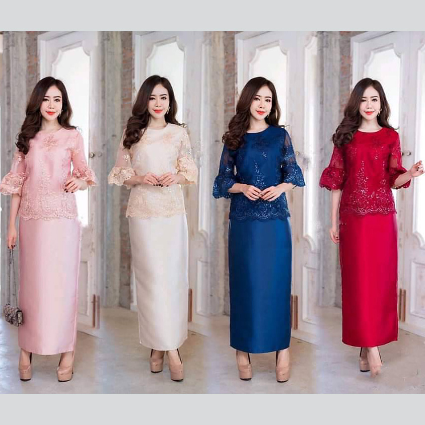 kudapy ชุดเซตไปงาน สีแดง/สีครีมทอง/สึน้ำเงินกรมท่า/สีชมพูนู้ด/สีชมพูเข้ม เซตเสื้อลูกไม้คอวีแขนกระดิ่ง+กระโปรงผ้าไหมอิตาลีทรงเอ ลูกไม้ปักเลื่อม มีซับใน ซิบหลัง