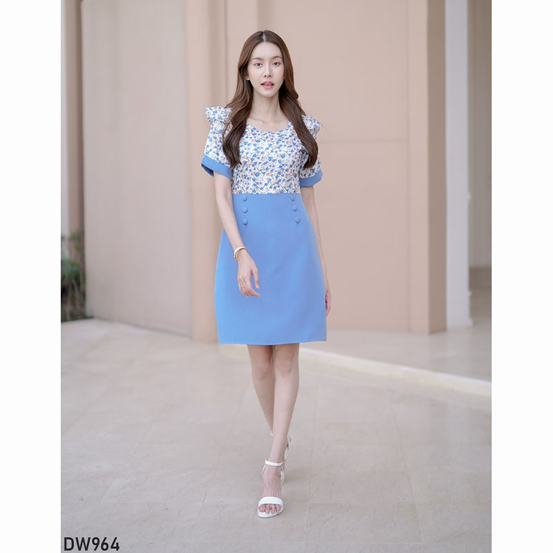 kudapy เดรสสั้นสีม่วง/สีชมพู/สีคราม แขนสั้นลายดอกมีกระดุม