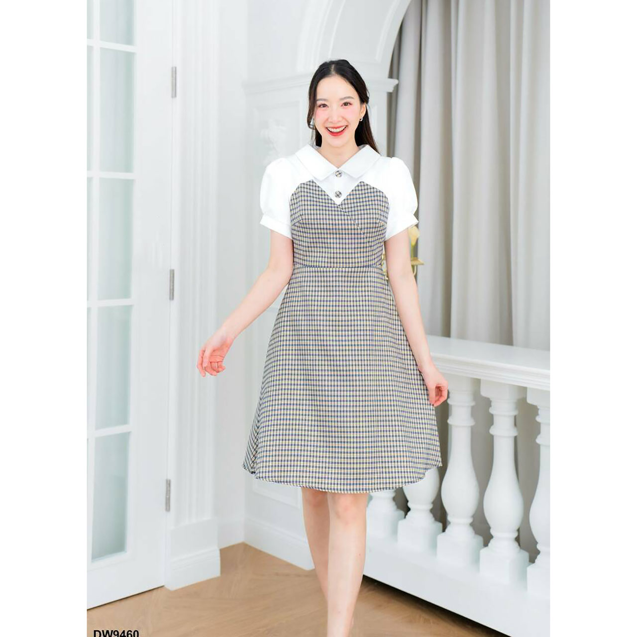 kudapy เดรสสั้นสีกรม สีเหลือง สีชมพู ผ้าลายสก็อตแต่งกระดุม แขนสั้น ใสเที่ยว สวยดูดีมาก