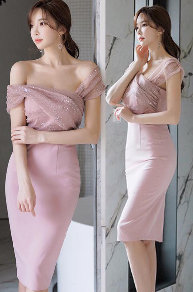 ชุดเดรสออกงานสีเขียวมิ้นท์ เดรสสั้นเปิดไหล่ ผ้าโพลีเอสเตอร์ผสม ทรงเข้ารูปสวยมาก