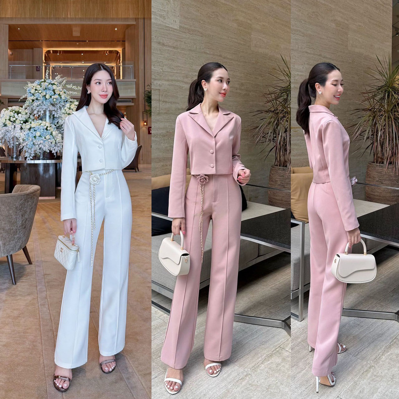 kudapy Sets 3 ชิ้น เสื้อ กางเกง เข็มขัดดอกไม้ เสื้อกระดุมปั้มจริง 2 เม็ด กางเกงตีเกล็ดหน้า ซิปตะขอมีซับในอย่างดี