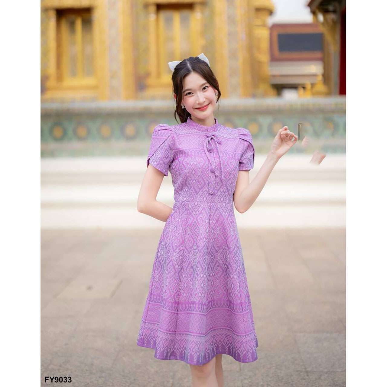 kudapy เดรสสั้นสีม่วง/สีเทา/สีเหลือง เดรสไทยทรงบานแขนกลีบบัว