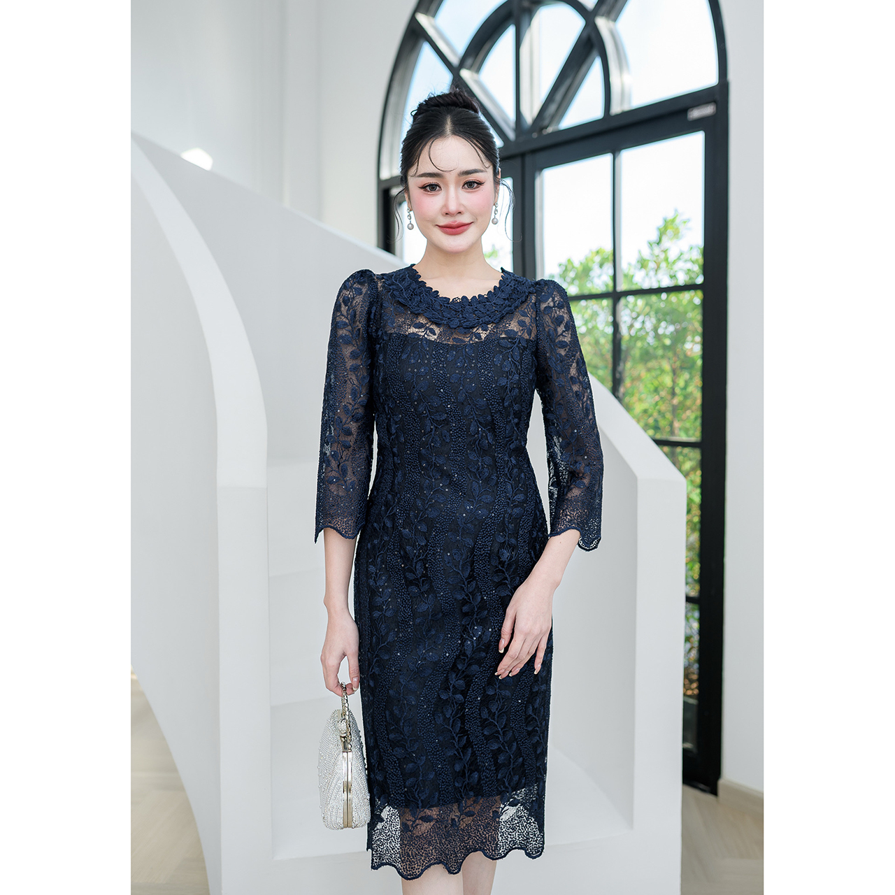 kudapy เดรสลูกไม้เลื่อมพรีเมี่ยมใบไม้ ลายใบไม้เถาวัล งานพรีเมี่ยม ทรงสวยใส่เข้ารูปเข้าทรง