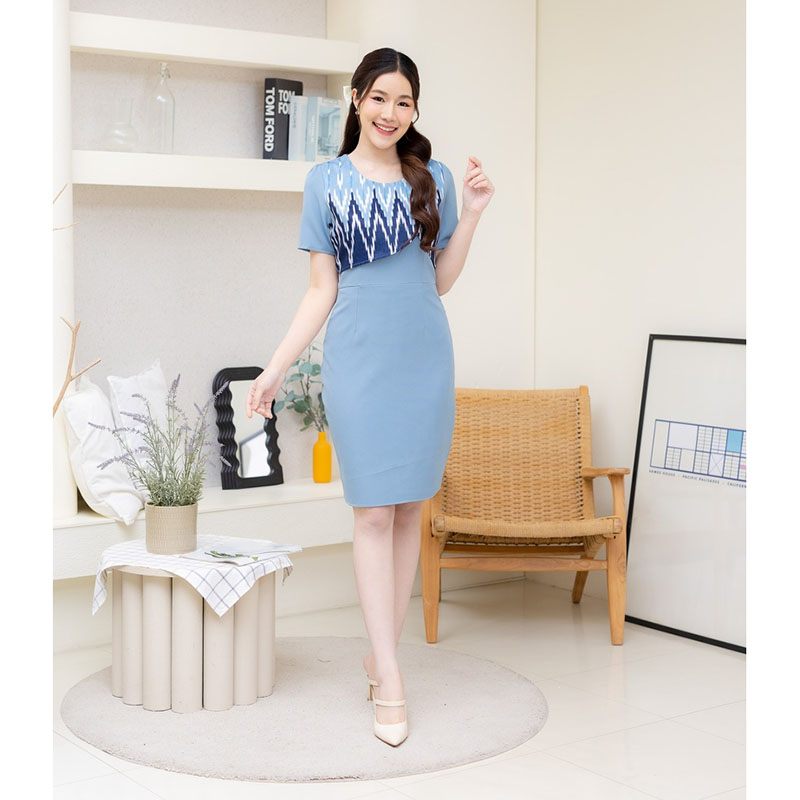 kudapy เดรสสั้นสีชมพู/สีน้ำตาล/สีฟ้า ลายไทยครึ่งท่อน ใสทำงาน ออกงานสวยดูดี