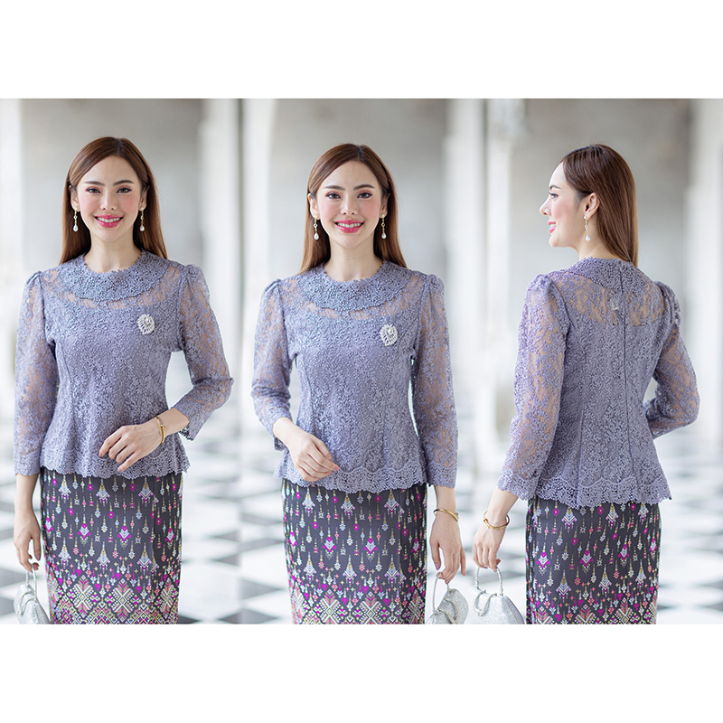 kudapy (เฉพาะเสื้อ) เสื้อลูกไม้สีขาว/สีฟ้า/สีม่วง ตัวเสื้อใช้ผ้าลูกไม้ใยบวบเนื้อดีลายลูกไม้แน่นทั้งตัว ตัวเสื้อมาพร้อมซับในเนื้อดีในตัว ใส่ออกงาน งานบุญ / งานบวช งานแต่งได้