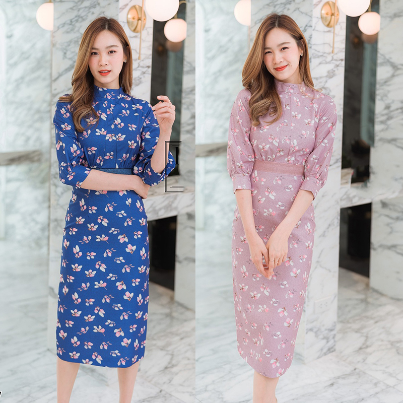 kudapy เดรสสั้นสีกรม/สีชมพู แขนยาวคอปีนลายดอกไม้
