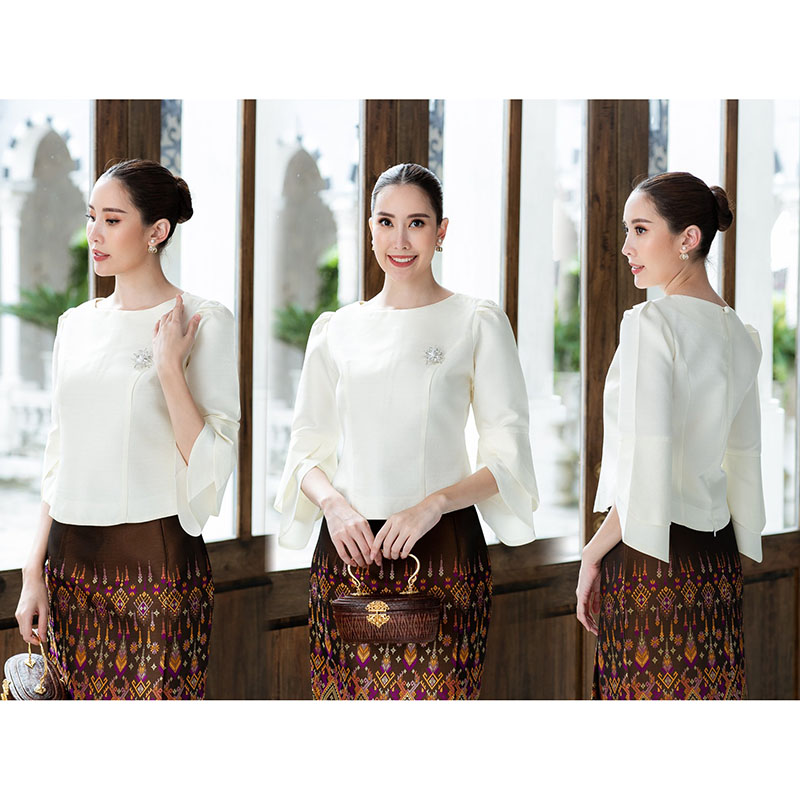 kudapy เสื้อผ้าไหมประยุกต์สีขาว/สีดำ อัดกาวทั้งตัว ทรงสวย อยู่ทรง มีซิปหลังสวมใส่ง่าย แขนต่างสองชั้นสวย ใส่ออกงาน (เฉพาะเสื้อ)