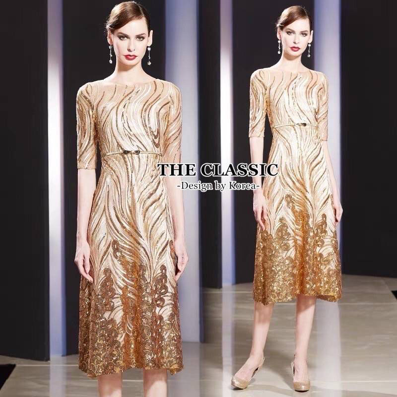 kudapy เดรสสั้นสีทอง/สีเทาเงิน ออกงานปักเลื่อม ใช้ผ้าเนื้อดีปักลวดลายด้วยเลื่อมสลับสี ปักแน่นลายชัด