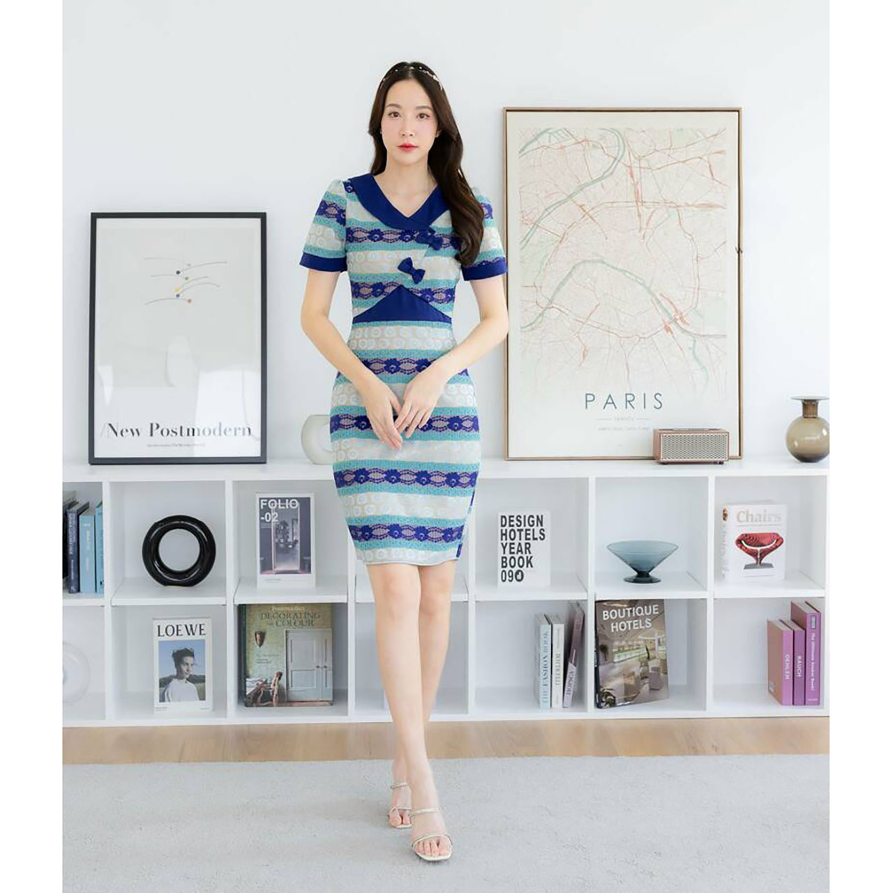 kudapy เดรสสั้นสีชมพู/สีฟ้า/สีกรม เดรสแขนสั้น คอปกไขว่อกโบว์ลูกไม้2โทน