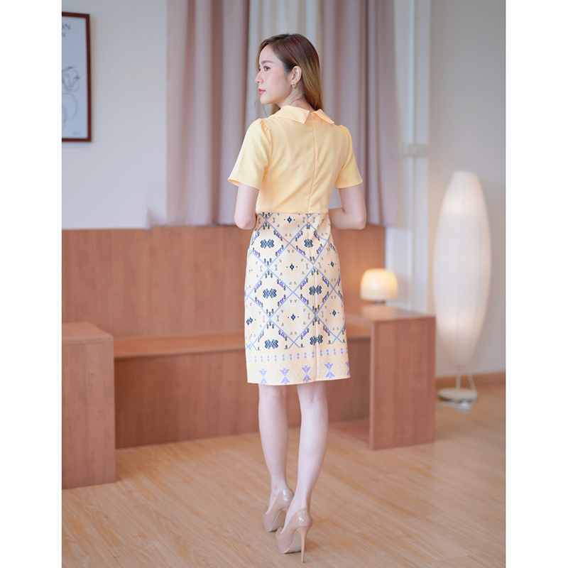 kudapy เดรสสั้นสีเหลือง/สีม่วง/สีกรม ปกสูทลายไทยสวยดูดีน่ารัก
